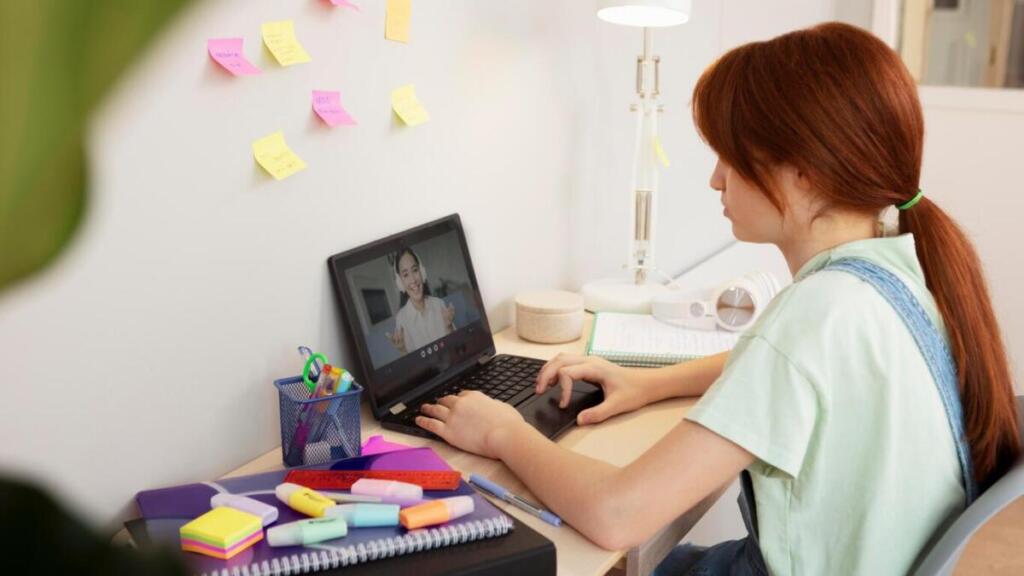 A woman looking at her laptop